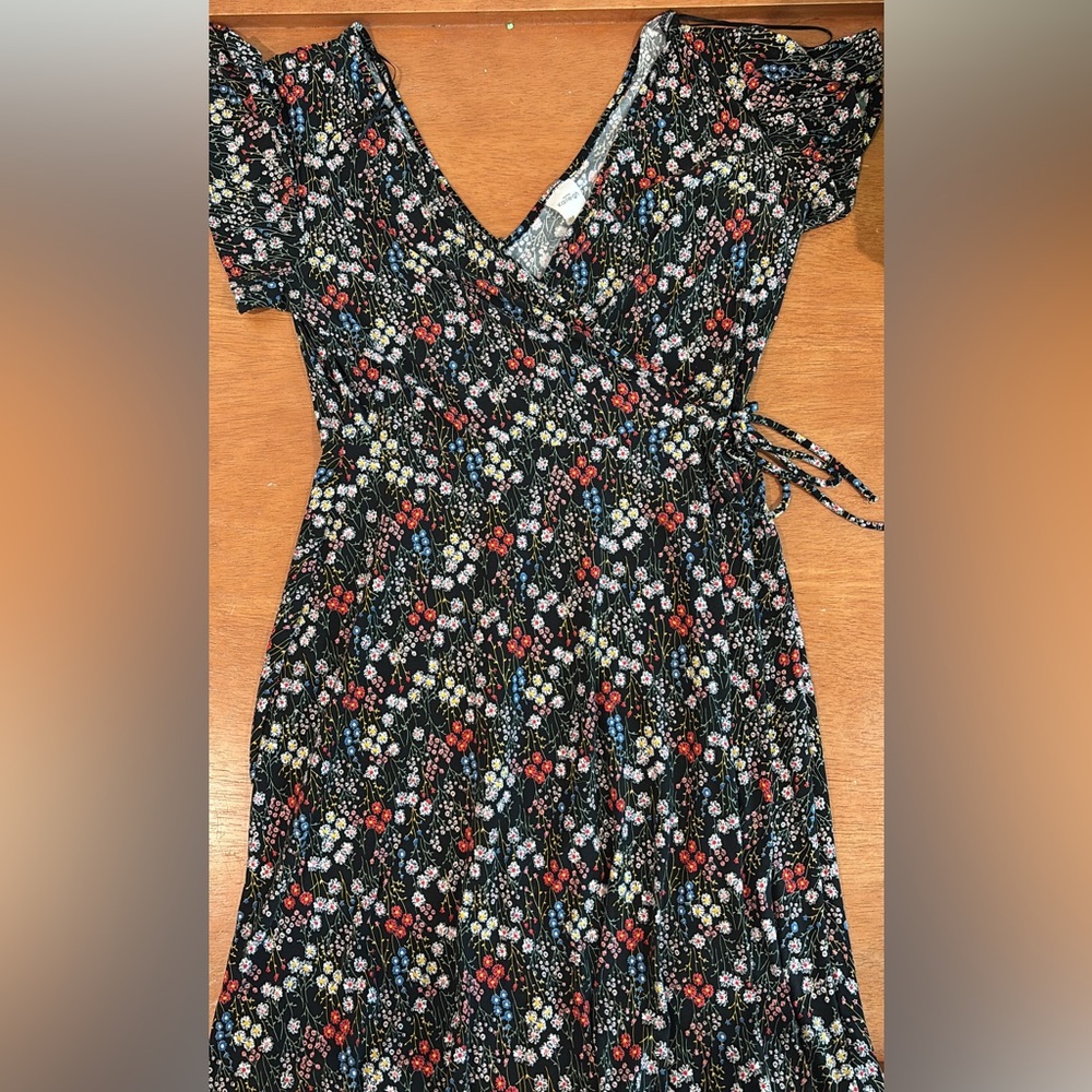 Elegant Floral Midi Dress - Black with Multicolor Accents